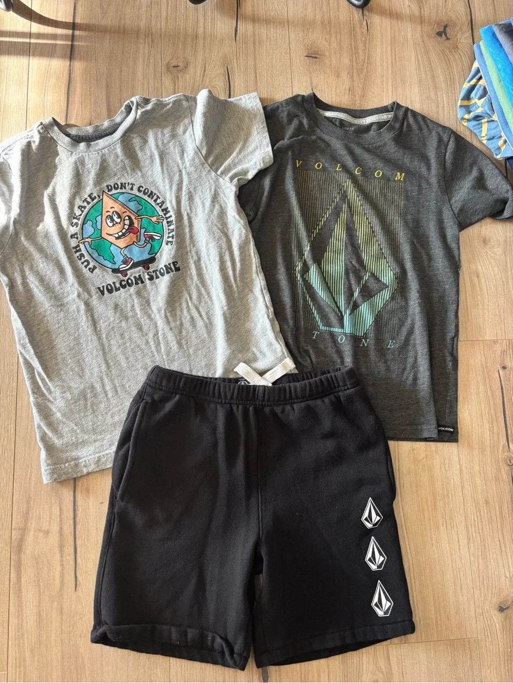 Volcom Boys Graphic Tee Trio with Black Logo Shorts - Gray & Charcoal